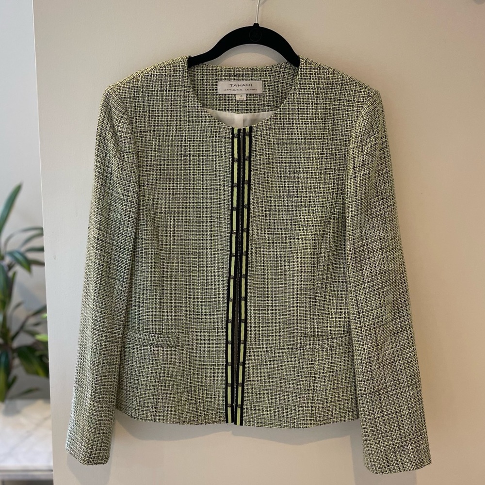 Tahari Green Tweed Studded Blazer, Size 10